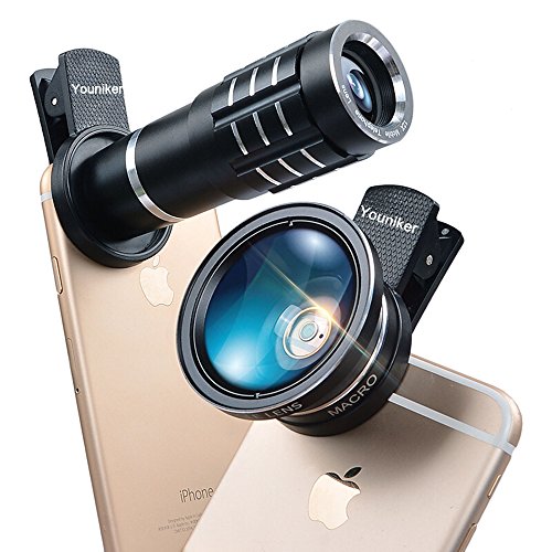 Youniker 3Â in 1Â universale kit obiettivo per iPhone ,12Â x Zoom teleobiettivo + 0.45Â x obiettivo grandangolare + 12.5Â x obiettivo macro obiettivo della fotocamera del telefono a clip, per iPhone 7/6Â Plus, Samsung, most Smart PHONES