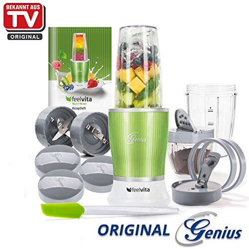 Genius Feelvita Nutri Mixer | Grün | 14 Teile | Stand-Mixer | Smoothie-Maker | Mixen & Rühren | 23000 UpM | 600 Watt | 1 Liter | TV-NEU