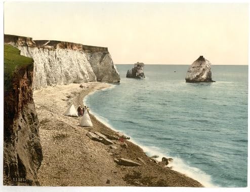 Victorian View of Freshwater Bay Arch and Stag Rocks, Freshwater Bay, Isle of Wight, England, Large A3 size 41 by 28 cm Canvas Textured Fine Art Paper Photo Print