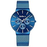 Dinghang Herren Analog-Quarz-Uhren Tag Woche Kalender Armbanduhr mit blauem Edelstahlband (blau)
