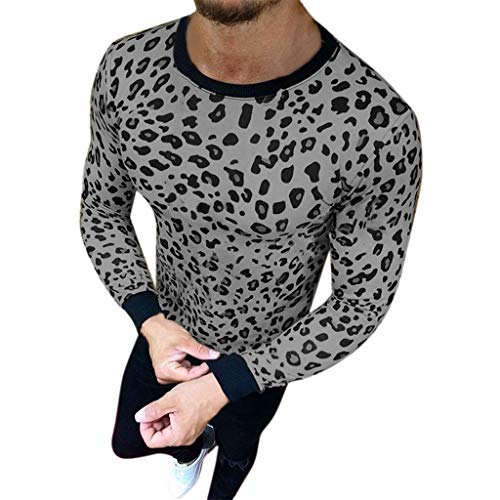 Men's Tops, DIKEWANG Men Leopard Print Long-Sleeve Beefy Muscle Basic Solid Blouse Tee Shirt Top Men Casual Round Neck Elastic Fit Funny Streetwear Solid T-Shirt Hip Hop Tops