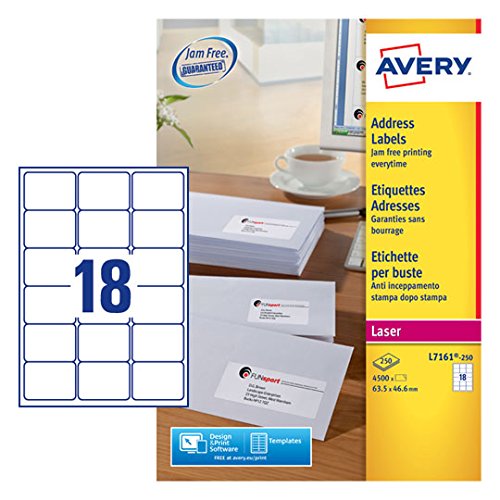 Avery Address Labels For Laser Printers, 18 Per A4 Sheet 4500 Labels Quickpeel Customisable White 63 5 X 46 6 Mm Ideal For