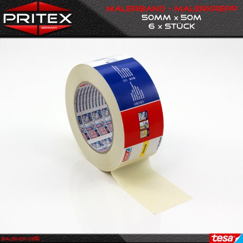 Kreppband tesa 50mm x 50m - 6 Rollen Abdeckband Malerkrepp Krepp Abklebeband