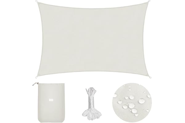 Sekey Toldo Vela de Sombra Impermeable 2x3m Rectangular Protección Rayos UV, Resistente al Desgarro, para Terraza Balcon Patio Exteriores Jardín, con Ojales y Cuerdas de Fijación, Blanco