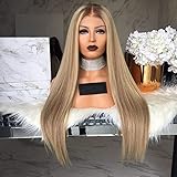  JIYCZK Perücken Damen Langhaar Blond Ombre Brown Roots Glattes Haar Synthetische Hitzebeständig Faser Perücke 75Cm