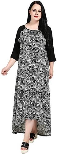 TT&WANLIFU Women's Party Going out Vintage Casual Boho Loose Swing Jalabiya Maxi Dress,Patchwork Print Round Neck 3/4 Length Sleeves