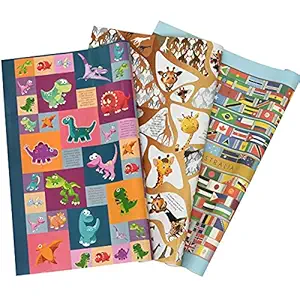 eVincE 3 assorted design Gift Wrapping Paper roll of 6 sheets | All country Flags | Giraffe | Dinosaurs with fun Facts | Kids Adults birthday gifts Rakhi Diwali Christmas | 70 x 50 cms