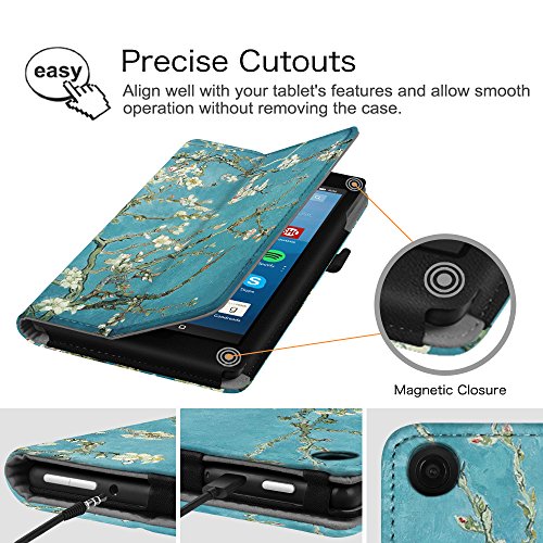 Fintie Folio Hülle für Amazon Fire HD 8 Tablet (8-Zoll, 7. Generation – 2017) – Premium Kunstleder Schutzhülle Tasche mit Standfunktion und Auto Sleep / Wake Funktion, Mandelblüten - 7