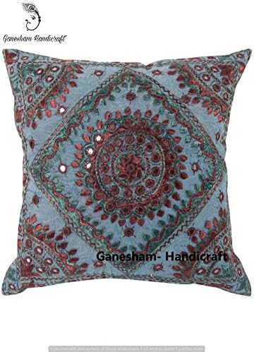 GANESHAM HANDICRAFTS Indian Cotton Pillow Cover, Bohemian Throw Pillow Hand Embroidered Decorative Mirror Work Boho Sofa Pillow Home Decor Cushion Cover,(16x16) inch