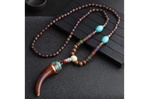 HXSCOO Collana Vintage Fatta a Mano in Nepal, Buddista Mala, Perline di Legno, Ciondolo e Collana Etnica con Corno e Pesce, Gioielli Lunghi da Donna e Uomo (Color : Style5)