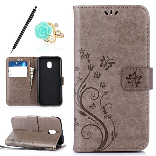 Uposao Grau PU LederhÃ¼lle FÃ¼r Samsung Galaxy J3 (2017) HÃ¼lle HandyhÃ¼lle Druck Schmetterling Totem Muster Flip Case Ledertasche Book Type Wallet Backcover KlapphÃ¼lle Brieftasche und Magnetverschluss SchutzhÃ¼lle mit Eingabestift Stylus Pen, Blau Blumen Staub-Stecker