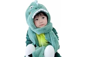 QCHOMEE Kids Hat Gloves Scarf 3 In 1 Set Winter Plush Cartoon Dinosaur Hoodie Gloves Pocket Warm Earflap Full Hood Hats Long Scarf Shawl Wraps Mittens Grey, Green for Girls Boys Age 3-8 Birthday Gift