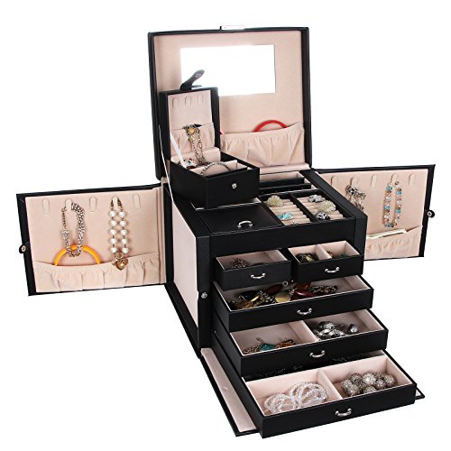 Songmics XXL Schmuckkästchen abschließbar mit spiegel Schublade und Mini-Box 5 Schichten mit 5 Schubladen Schwarz JBC05B - 2