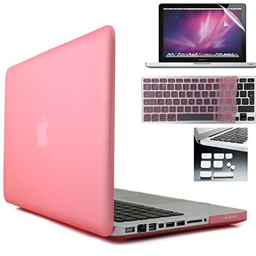 i-Buy Matte Gummierte Harte Schutzhülle Hülle für Apple Macbook Pro 13.3 Zoll mit DVD-Treiber + Schutzfolie + Silikon Tastaturschutz + Anti-Staub-Stecker - Rosa