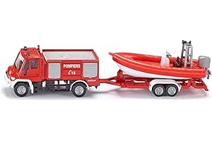 siku 1636, Unimog des pompiers avec bateau, 1:87, métal/plastique, rouge, camion de pompiers et bateau flottant, pneus en caoutchouc, attelage de remorque