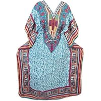 Mogul Interior Womens Kaftan Caftan Blue Ethnic Printed Maxi Dress One Size