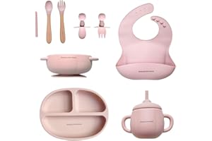 SHAPING LITTLE MINDS Silicone Baby Weaning Set with Bib Suction Plate Bowl Sippy Cup Fork Spoon BPA Free Microwave Dishwasher Safe Non Slip Feeding Kit Gift Box for Toddlers Learning to Eat Boys Girls Rose Pink