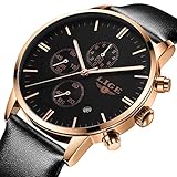 Lige Herren Analog Quarzwerk Wasserdicht Uhr mit Schwarz Leder Armband 9809