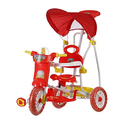 Vega Kids Musical Cartoon Tricycle with Rear Storage Basket, Foot Rest, Back Support, Adjustable Canopy & Parent Control Push Handle, Capacity Upto 20 kg for Kids (1 to 4 Years, Red)