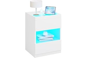 ‎AOGLLATI AOGLLATI Nachttisch mit Ladestation und LED-Leuchten, Nachtschrank mit 2 Schubladen und offenem Stauraum, Beistelltisch mit 2 USB-Anschlüssen und 2 AC-Steckdosen Weiß