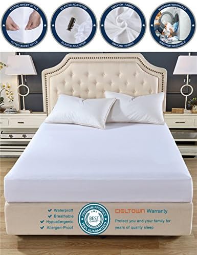 Smooth Fabric Mattress Protector Fitted Sheet 2-in-1 by Cieltown, 100% Waterproof, Premium Hypoallergenic Mattress Cover, Fitted up 18" Deep Pocket (White, King)