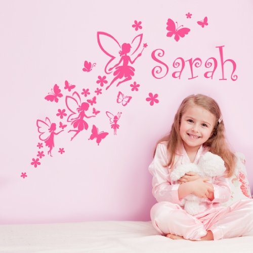 Personalised Fairies Girl's Name Butterflies Flowers Wall Sticker - Art Vinyl Decal Stickers, Childrens Bedroom, Bathroom, Kitchen, Lounge, Easy to Apply, Free Applicator, Easy Peel - (PLEASE CHOOSE YOUR SIZE & COLOUR USING DROP DOWN MENU) - by Rubybloom Designs