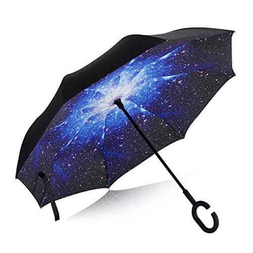 Double Layer Inverted Regenschirm stabil winddicht UV-Schutz faltbar Dach selbst für Auto Regen Schutz C-Form Griff Verwendung Reisen und Auto Premium Regenschirm mit Etui, leicht, winddicht,Taschenschirm / Reise-Regenschirm / Outdoor-Regenschirm (Bright stars) - 3