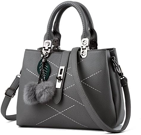 Designer Collection Fashion Handbag with Pompon Pendant, Classic Women Purse, Handbag for Women Satchel Purse, PU Leather (Gray)