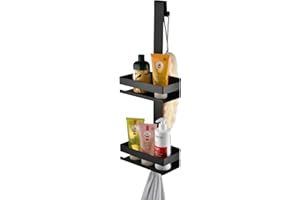 NEWRAIN Shower Caddy Hanging, 2 Tier Shower Shelf No Drilling for Hanging the Shower Glass Door,Black Bathroom Rack with Shower Squeegees Hook, Stainless Steel Over Door Shower Shelves