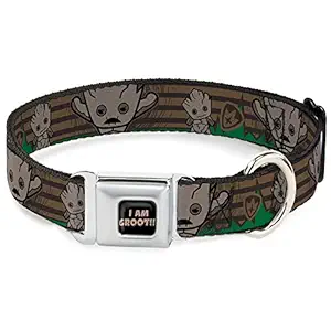 Buckle-Down Kawaii Groot 2-Poses/Guardians Badge Browns/Green Seatbelt Dog Collar, 1.5
