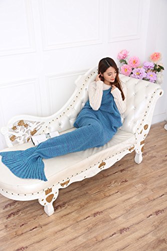 Warm und weich Meerjungfrau Schwanz Decke von aiqi, Handwerk Crochet Snuggle Cozy Fleece Sofa Bett Schlafsäcke, ideal Geschenke für Familienmitglieder oder Freunde – 70.8 * 34.5inch – Classic Lake Blue - 3