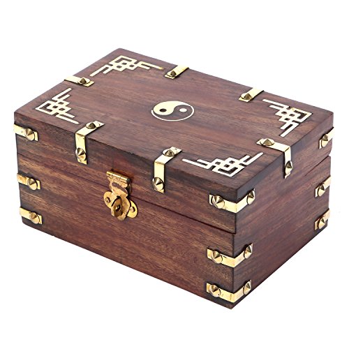 Ying Yang madera maciza vintage caja de almacenaje 15 cm x 10 cm x 7 cm