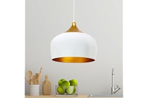 bamyum Suspension Luminaire Moderne en Bois et Metal, Lustre Salon Ronde de 30 cm, Lustre Cuisine E27 en Métal, Plafonnier, Lampe pour Chambre, Salle à Manger, Couloir, Blanc