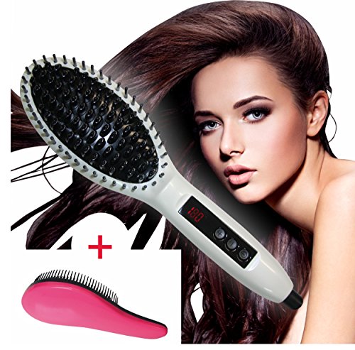 Professionelle Elektrische Glättbürste mit CE und RoSH Haarglätter Haarbürste Hair Straightener Stylingbürste für lange Haare mit LCD Anzeige, Farbe Weiss incl. 1 Detangler in Pink mit deutschsprachiger Bedienungsanleitung