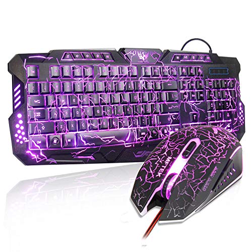 Juego de Teclado y Ratón para Juegos MFTEK USB Cableado 3 Colores Retroiluminado QWERTY US Teclado de Diseño con 7 Botones Ratón Iluminado para Juegos PC