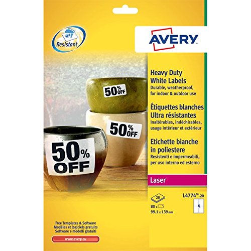 Avery España L4774-20.Caja de 80 etiquetas blancas de poliéste, 99.1x139mm en A4