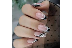 RYMAUP® 24 Stück Französische Spitze zum Aufdrücken der Nägel, künstliche Nägel, vollständige Abdeckung, künstliche Nägel mit Wirbel-Glitzer-Designs, glänzende Acrylnägel