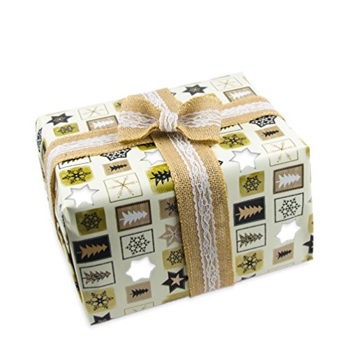2er SET Jute-, Geschenkband mit Spitze für Weihnachtsgeschenke, Blumensträuße und zur Dekoration, Hochzeitsdekorationen, Tischverzierung oder Geburtstagspresente, Schleife, Farbe: Natur/weiß - 6