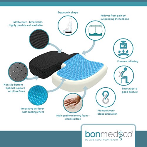 Bonmedico® Orthopädisches Sitzkissen mit innovativer Gel-Beschichtung und Anti-Rutsch Bezug, wirkt schmerzreduzierend, sorgt für gerade Körperhaltung und Steißbein-Entlastung, geeignet für Auto, Büro- & Rollstuhl sowie Reisen, in Schwarz oder Blau - 2