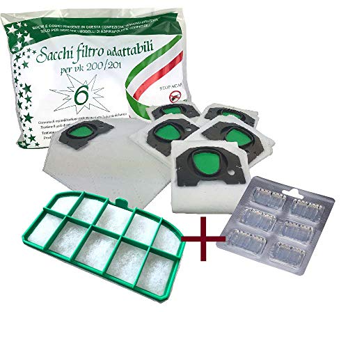 Sacchetto Microfibra Made in Italy + Profumini + Filtro Griglia Motore per Aspirapolvere Folletto Vorwerk vk 200 - vk 201 (6 Sacchetti + 6 Profumini + 1 Filtro)