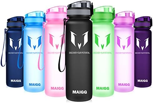 MAIGG Best Sports Water Bottle - 17oz - Eco Friendly &amp; BPA-Free Plastic - For Running, Gym, Yoga, Outdoors and Camping - Fast Water Flow, Flip Top, Opens With 1-Click - Reusable with Leak-proof Lid (Black, 500ml-17oz)