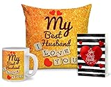 TIED RIBBONS Karva Chauth Gift for World Best Husband Combo Pack (Designer Cushion with Filler, Printed Coffee Mug, Greeting Card)