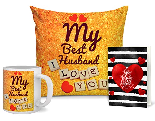 TIED RIBBONS Karva Chauth Gift for World Best Husband Combo Pack (Designer Cushion with Filler, Printed Coffee Mug, Greeting Card)