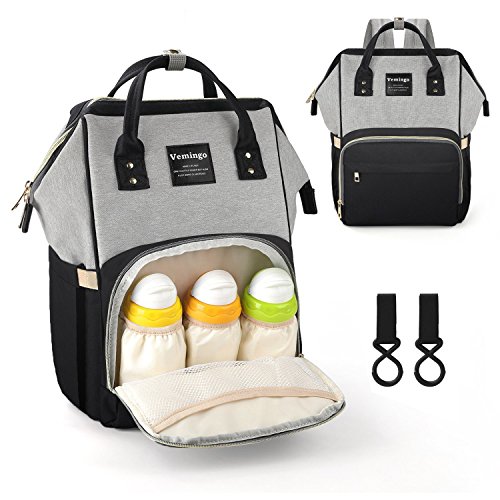 Preisvergleich Produktbild Vemingo Baby Wickelrucksack Wickeltasche Babywickeltasche Reise Rucksack mit Isolationstaschen für Männer Frauen mit 2 Kinderwagen-Haken, schwarz und grau