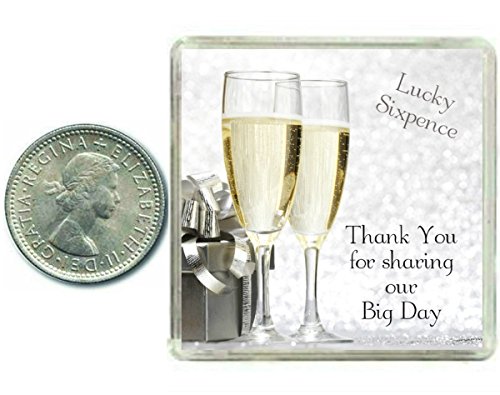 Lucky Sixpence Wedding Favour. Thank You for Sharing our Big Day. A Traditional Fun Keepsake Coin for Your Wedding Day Guests from The Bride & Groom by Oaktree Gifts