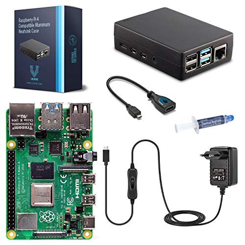 Vilros Raspberry Pi 4 Model B Basic Starter Kit con Negro Metal Carcasa - Incluye: Raspberry Pi 4 Modelo B con 5 Accesorios Esenciales Negro Negro 1 GB