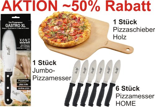 Ein Pizzaschieber plus 6 Stück Pizzamesser HOME plus ein Jumbo-Pizzamesser im Vorteils-Set