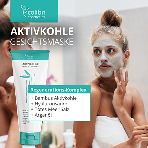 Aktivkohle Gesichtsmaske mit Detox Effekt – Reinigt die Poren und verwöhnt das Gesicht mit Totes-Meer-Salz, Arganöl, Hyaluronsäure und Bambus Aktivkohle, Tiefenreinigung Maske zur Entgiftung der Haut – 150 ml von colibri cosmetics / Naturkosmetik made in Germany - 3