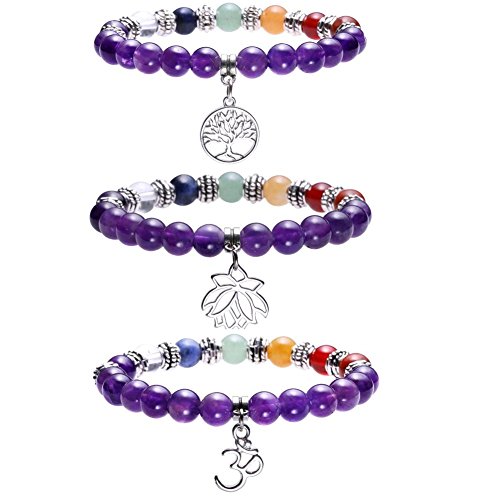 Jovivi Lot de 3PCS 7 Chakra Pierres Naturelles Amethyste Perles d'Energie Bracelet Extensible Elastique Tibeta
