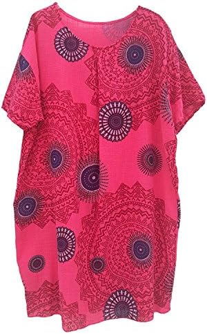 Wolfairy Women's Plus Size Top Blouse Italian Summer Aztec Cotton Boho Beach Tunic Kaftan Dress Pink 18
